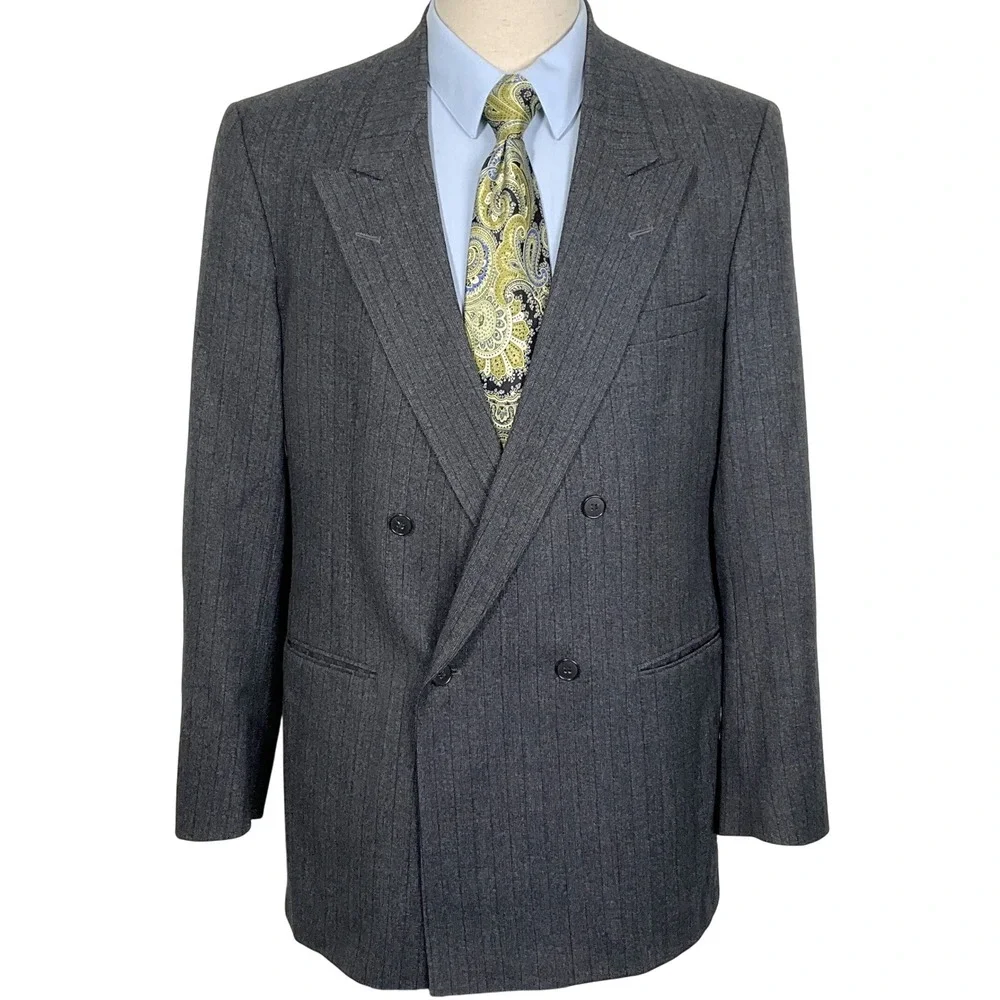 Fioravanti Blazer Men 42 Charcoal‎ Gray Double Breasted Pinstripe Jacket USA VTG